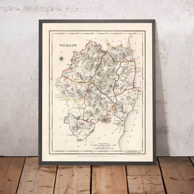 Mapa antiguo del condado de Wicklow por Samuel Lewis, 1844: Bray, Arklow, Baltinglass, Blessington, Glendalough