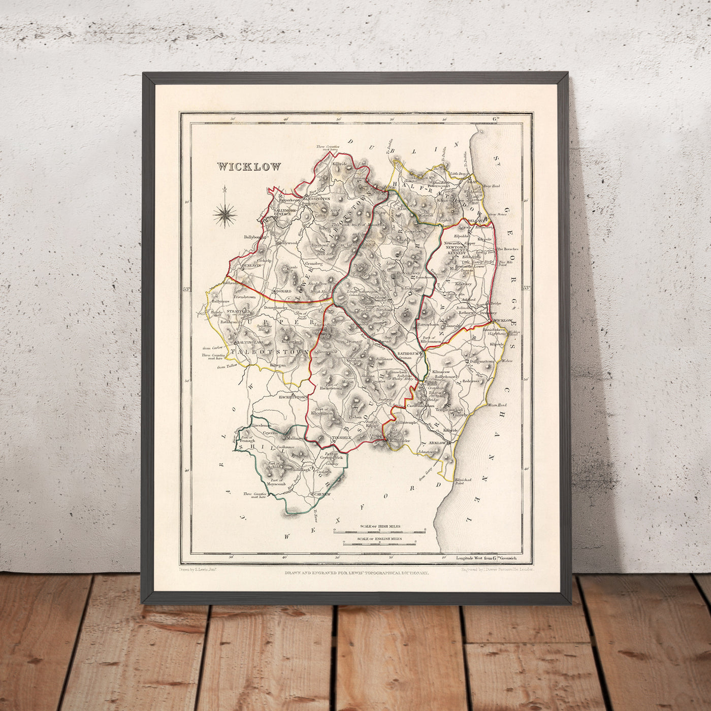 Alte Karte des County Wicklow von Samuel Lewis, 1844: Bray, Arklow, Baltinglass, Blessington, Glendalough 