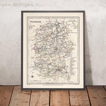 Mappa antica del Wiltshire di Samuel Lewis, 1844: Salisbury, Devizes, Marlborough, Chippenham, Stonehenge 