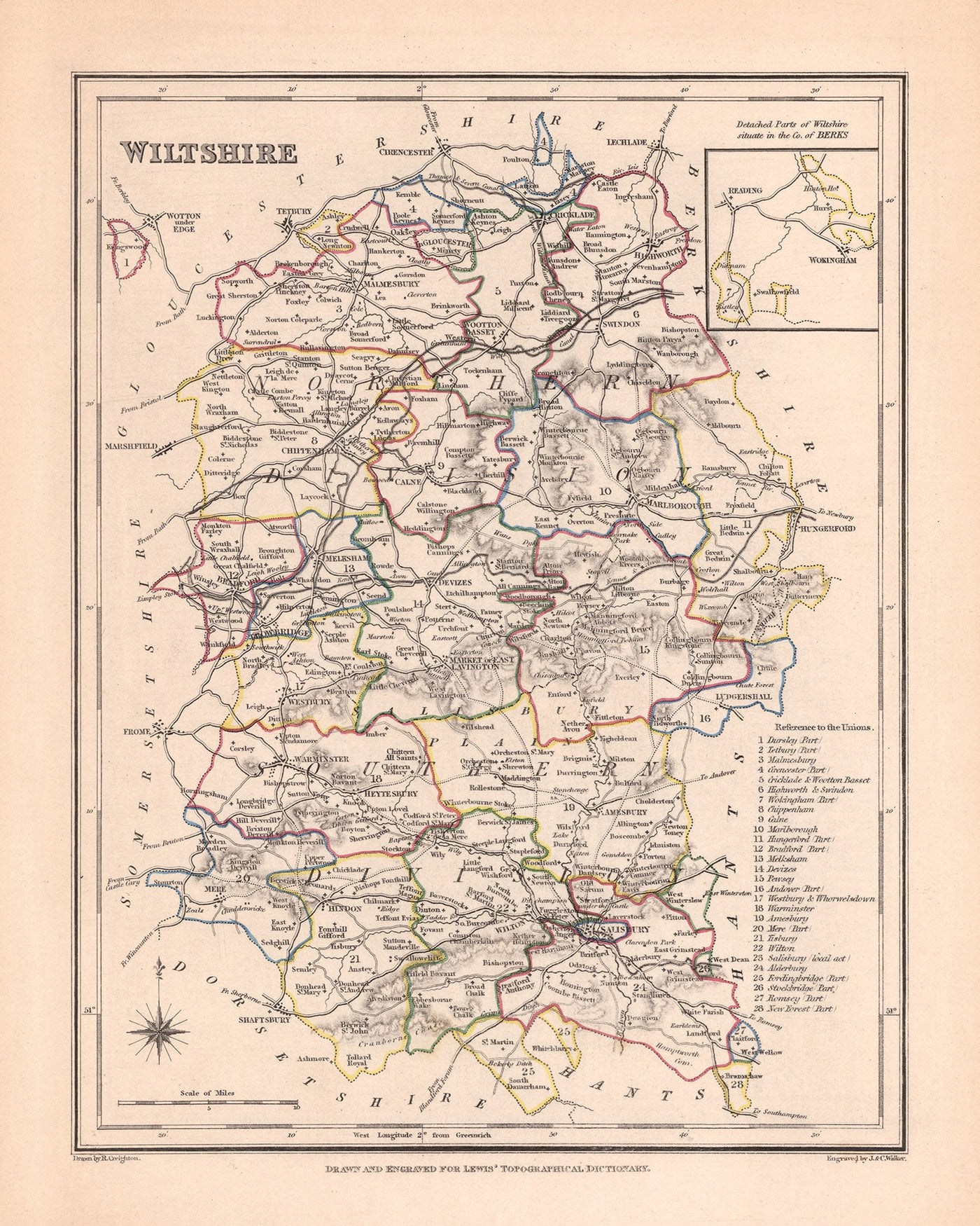 Ancienne carte du Wiltshire par Samuel Lewis, 1844 : Salisbury, Devizes, Marlborough, Chippenham, Stonehenge