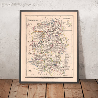 Mapa antiguo de Wiltshire por Samuel Lewis, 1844: Salisbury, Devizes, Marlborough, Chippenham, Stonehenge