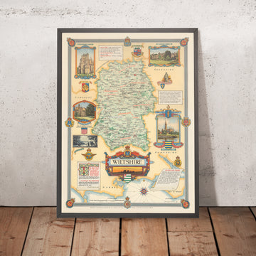 Alter bildlicher Stadtplan von Wiltshire von Clegg, 1946: Swindon, Salisbury, Stonehenge, Malmesbury Abbey, Lacock Abbey 