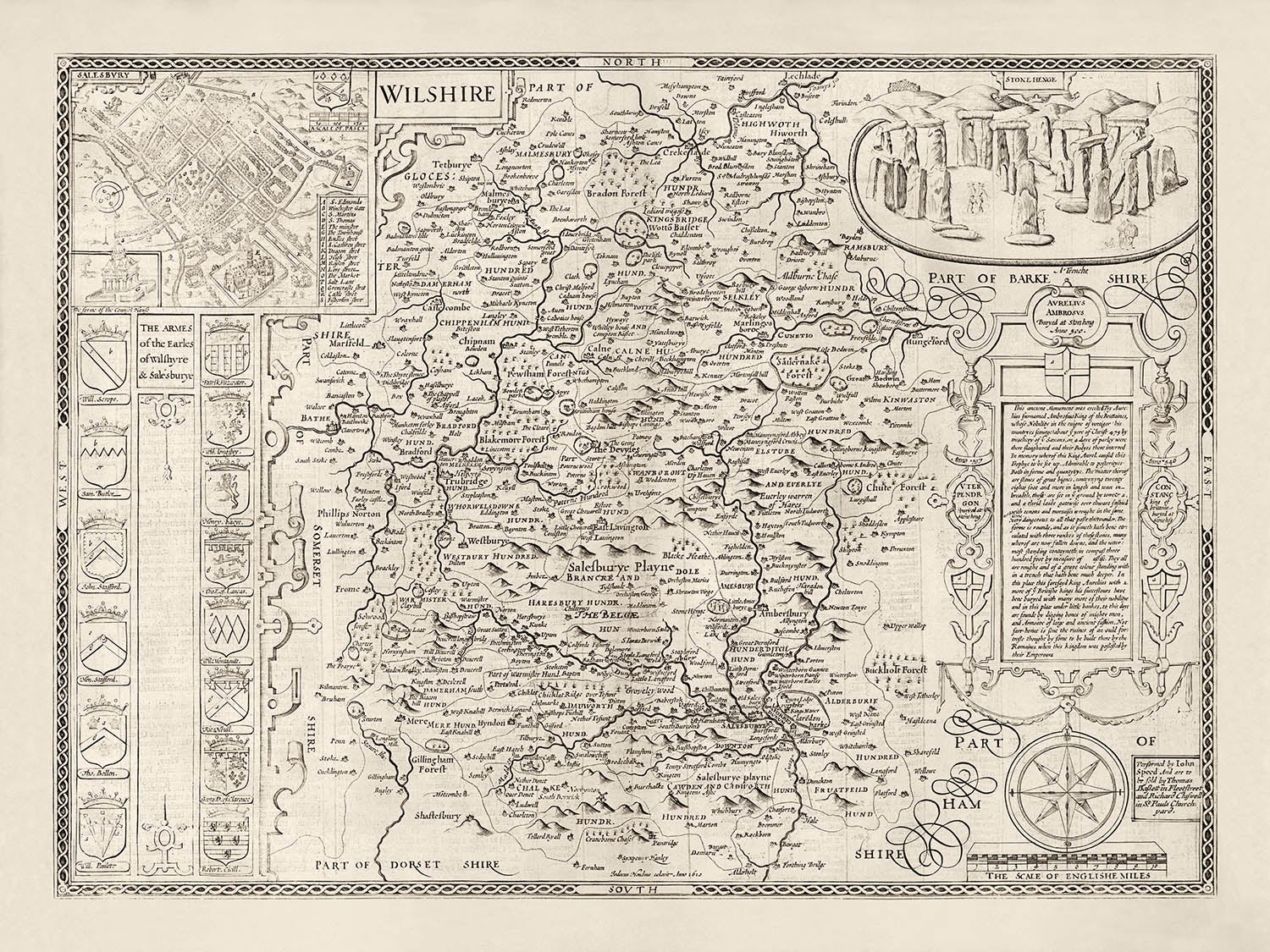 Old Map of Wiltshire in 1611 by John Speed - Salisbury, Stonehenge, Sw ...