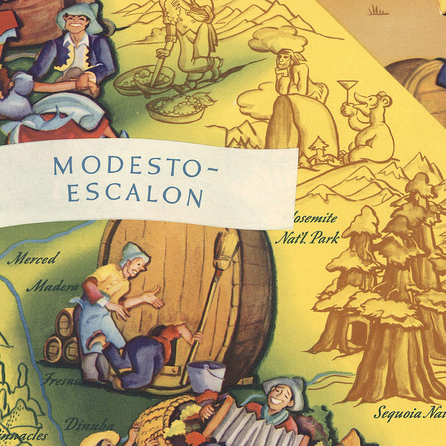 Vecchia mappa delle regioni vinicole della California, 1935: produzione di vino, vigneti, Sonoma, Napa Valley, vignette 