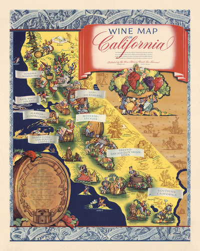 Antiguo mapa infográfico de las regiones vinícolas de California por White, 1935: elaboración de vino, borde decorativo, viñetas