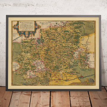 Ancienne carte du Wurtemberg par Ortelius, 1587 : Stuttgart, Ulm, Allemagne, rivière Neckar, forêts 