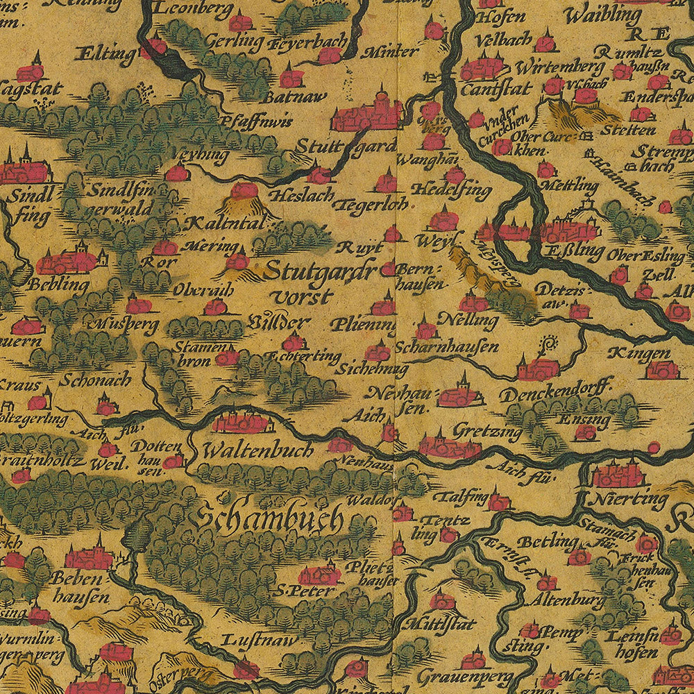 Old Map of Württemberg by Ortelius, 1587: Stuttgart, Ulm, Germany, Neckar River, Forests