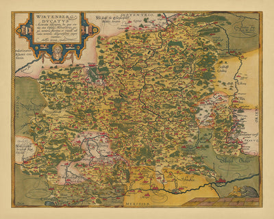 Alte Karte von Württemberg von Ortelius, 1587: Stuttgart, Neckar, Befestigungen, Wälder, Grenzen