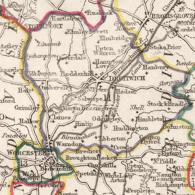 Old Map of Worcestershire by Samuel Lewis, 1844: Worcester, Kidderminster, Malvern, Evesham, Broadway