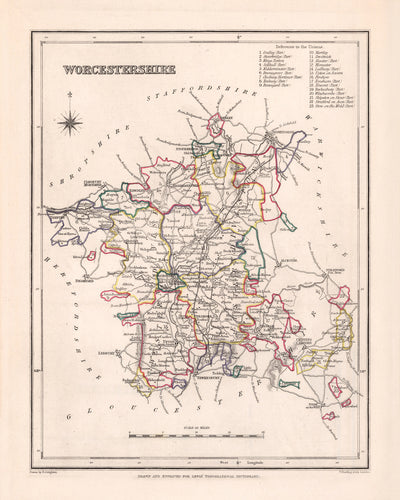 Mapa antiguo de Worcestershire por Samuel Lewis, 1844: Worcester, Kidderminster, Malvern, Evesham, Broadway