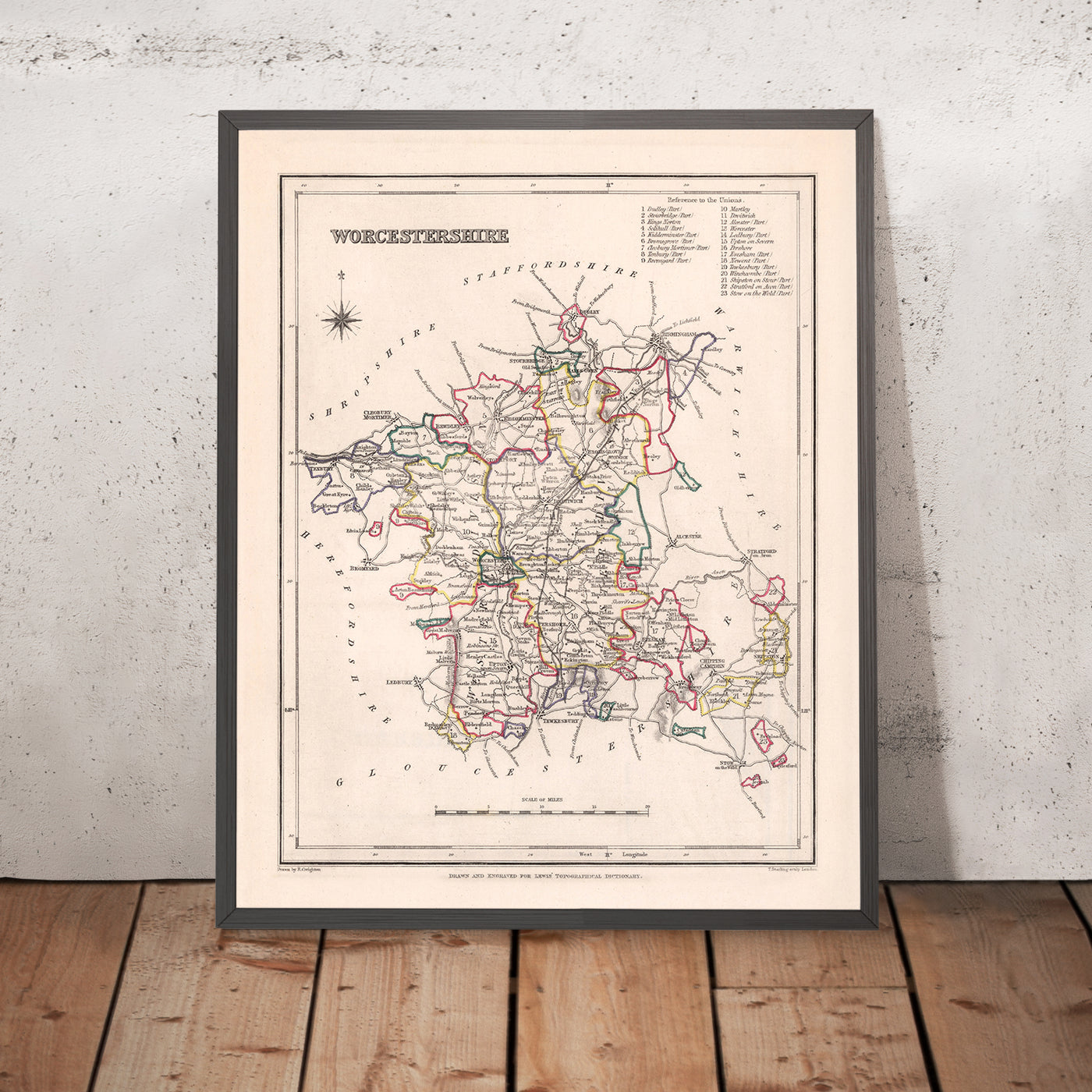 Mapa antiguo de Worcestershire por Samuel Lewis, 1844: Worcester, Kidderminster, Malvern, Evesham, Broadway