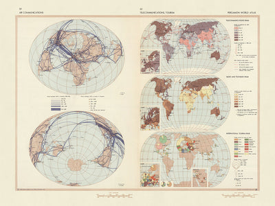 Alte Infografik-Karte der globalen Kommunikation des polnischen Topographiedienstes der Armee, 1967: Flugrouten, Telekommunikationsnetze, internationaler Tourismus