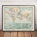 Ancienne carte du monde allemande (Weltkarte) par Stieler, 1940 : Derniers mois de la Seconde Guerre mondiale, frontières politiques 