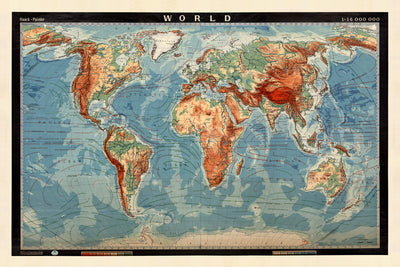Ancienne carte du monde physique par G Pohlmann, 1950 : tableau des salles de conférence éducatives