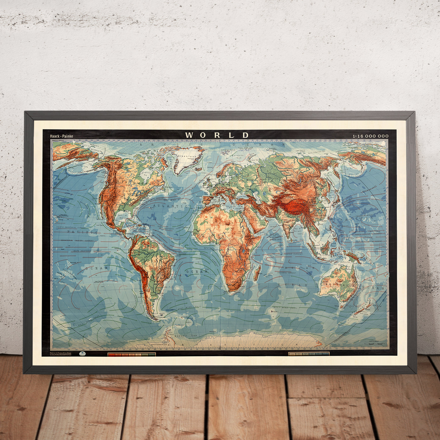 Old Physical World Map by G Pohlmann, 1950: Educational Lecture Hall Chart