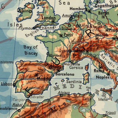 Old Physical World Map by G Pohlmann, 1950: Educational Lecture Hall Chart