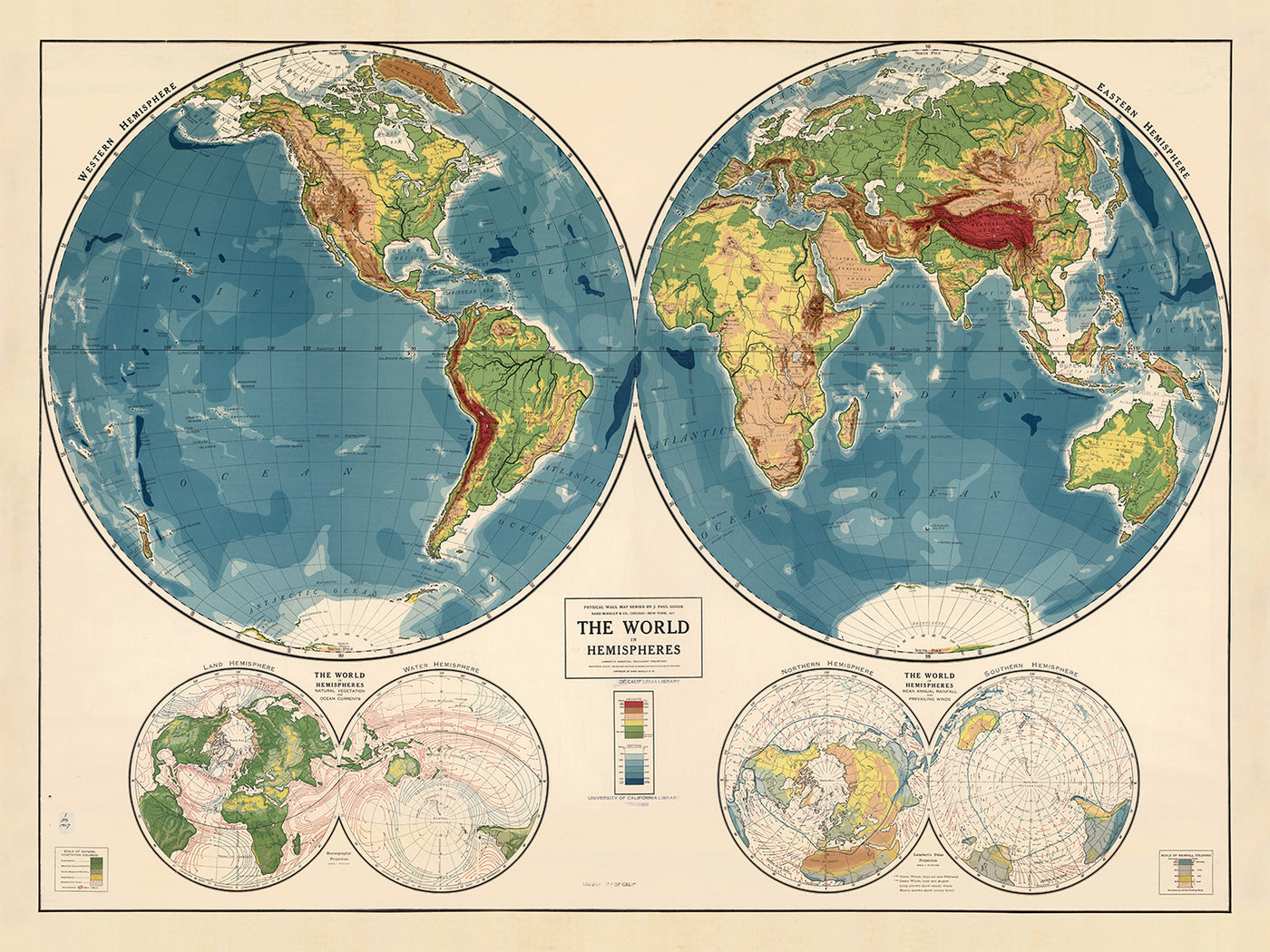 World Ranfall Map Old School Atlas World Map Rand McNally, 1917: Physical World Chart ...