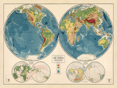 Carte du monde de l'Atlas à l'ancienne, Rand McNally, 1917 : Carte du monde physique