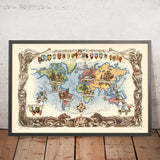 Vecchia Mappa Mondiale Pittorica di Liozu, 1951: Illustrazioni Artistiche, Araldico, Post-Seconda Guerra Mondiale 