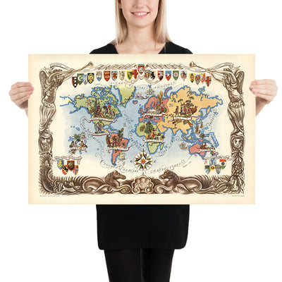 Old Pictorial World Map by Liozu, 1951: Artistic Illustrations, Heraldic, Post-WWII