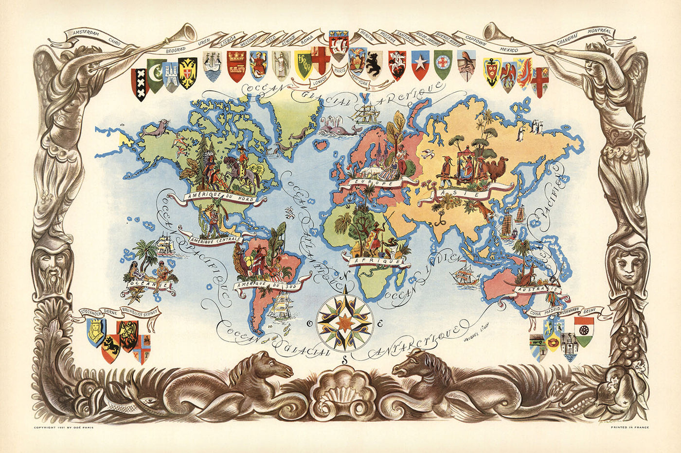 Old Pictorial World Map by Liozu, 1951: Artistic Illustrations, Heraldic, Post-WWII