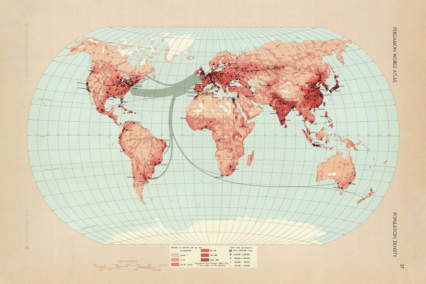 Old Infographic Map of World Population Density, 1967: Emigration Visualization, Thematic Cartography, Demographics