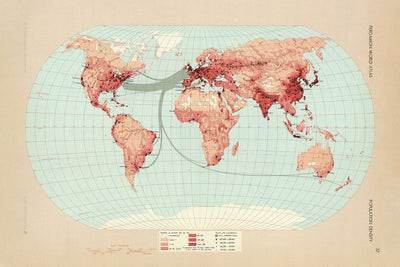 Old Infographic Map of World Population Density, 1967: Emigration Visualization, Thematic Cartography, Demographics