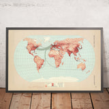 Vecchia mappa infografica della densità di popolazione mondiale, 1967: Visualizzazione dell'emigrazione, cartografia tematica, demografia 