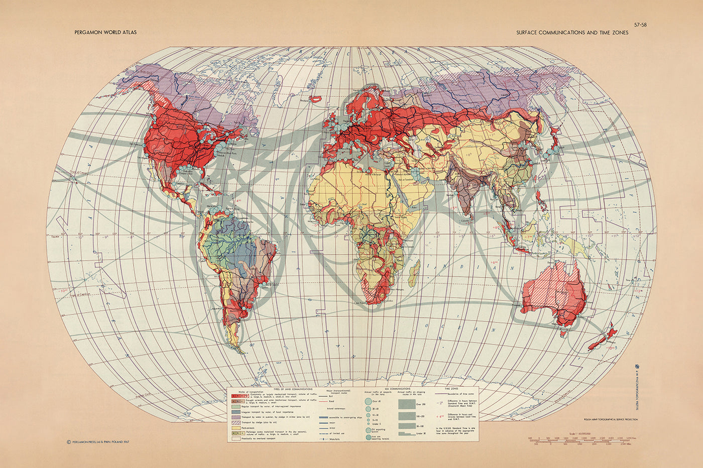 Antiguo mapa infográfico de las comunicaciones terrestres mundiales y las zonas horarias, 1967: rutas marítimas, rutas aéreas y redes de telecomunicaciones