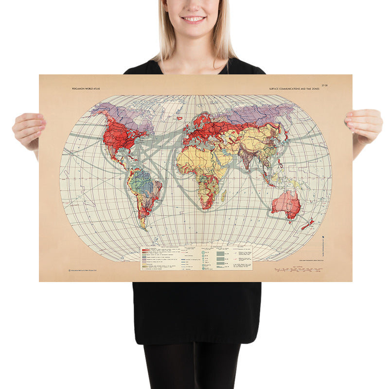 Ancienne carte infographique des communications de surface et des fuseaux horaires du monde, 1967 : routes maritimes, routes aériennes et réseaux de télécommunications