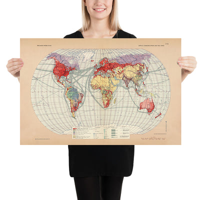 Antiguo mapa infográfico de las comunicaciones terrestres mundiales y las zonas horarias, 1967: rutas marítimas, rutas aéreas y redes de telecomunicaciones