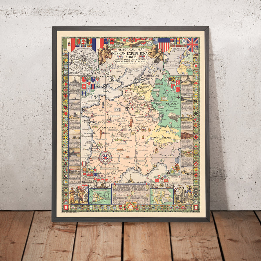 Alte Karte der Westfront des Ersten Weltkriegs, 1932: AEF, Hindenburglinie, Paris, Meuse-Argonne, Saint-Mihiel 