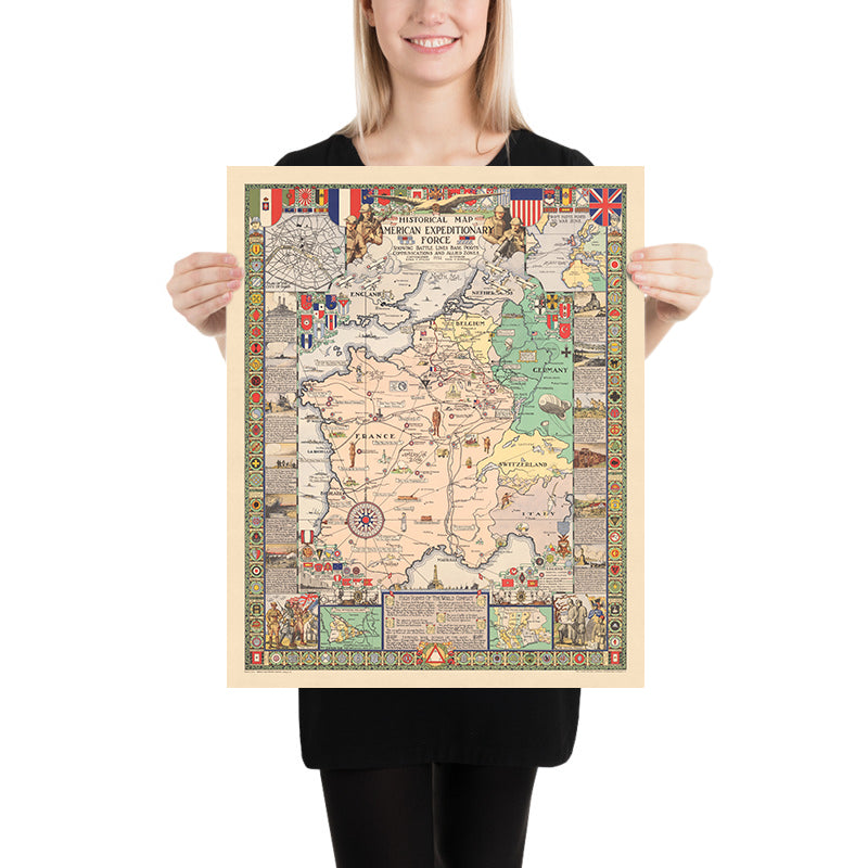 Alte Karte der Westfront des Ersten Weltkriegs, 1932: AEF, Hindenburglinie, Paris, Meuse-Argonne, Saint-Mihiel 