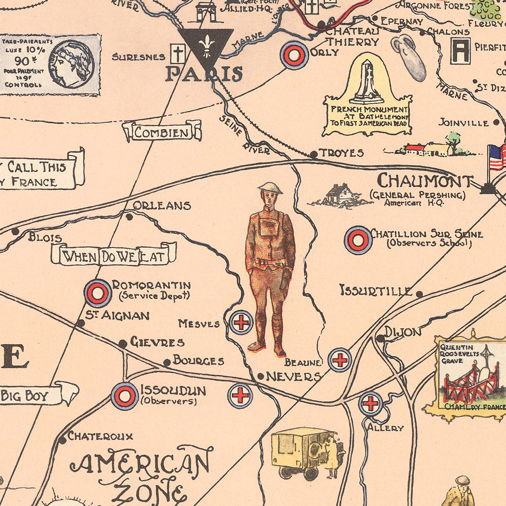 Old Map of the World War 1 Western Front, 1932: AEF, Hindenburg Line, Paris, Meuse-Argonne, Saint-Mihiel