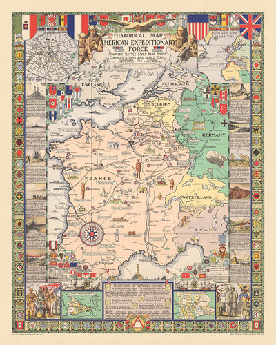 Alte Bildkarte der Westfront von Stiles, 1932: AEF, Paris, Maas-Argonne, Saint-Mihiel, Hindenburg-Linie