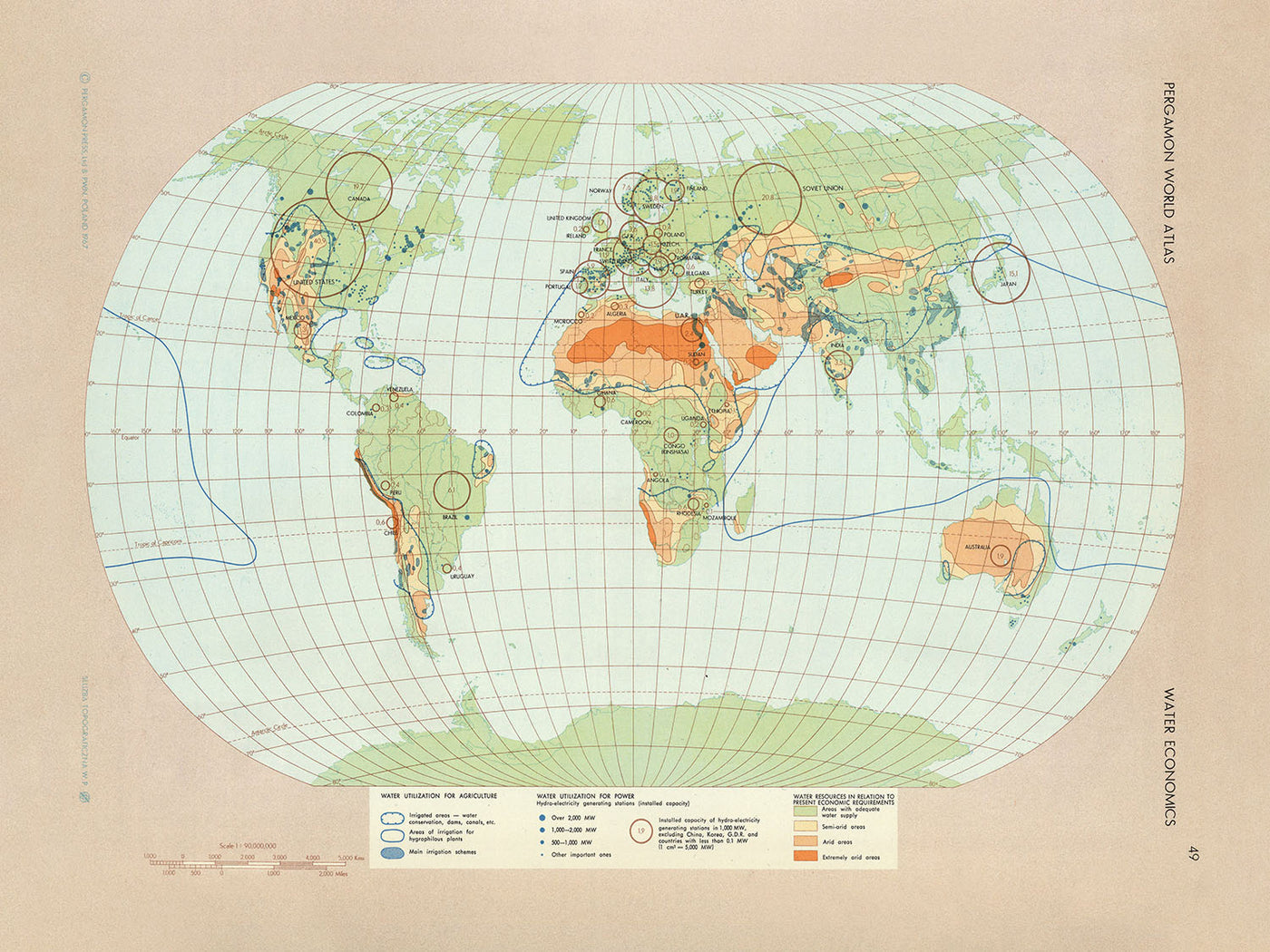 Ancienne carte infographique de l'économie mondiale de l'eau, 1967 : utilisation de l'eau, agriculture, électricité