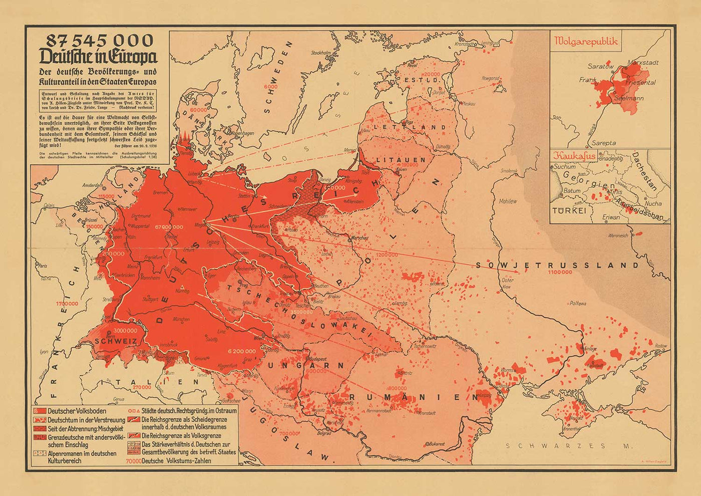 Old WW2 Propaganda Map, 1938 - "87 545 000 Deutsche in Europa" - German Expansionism by Hillen-Ziegfeld