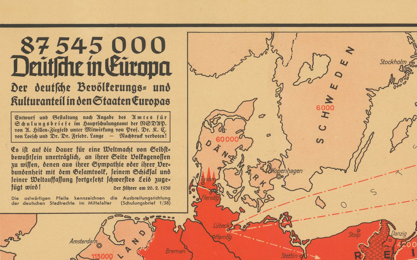 Old WW2 Propaganda Map, 1938 - "87 545 000 Deutsche in Europa" - German Expansionism by Hillen-Ziegfeld