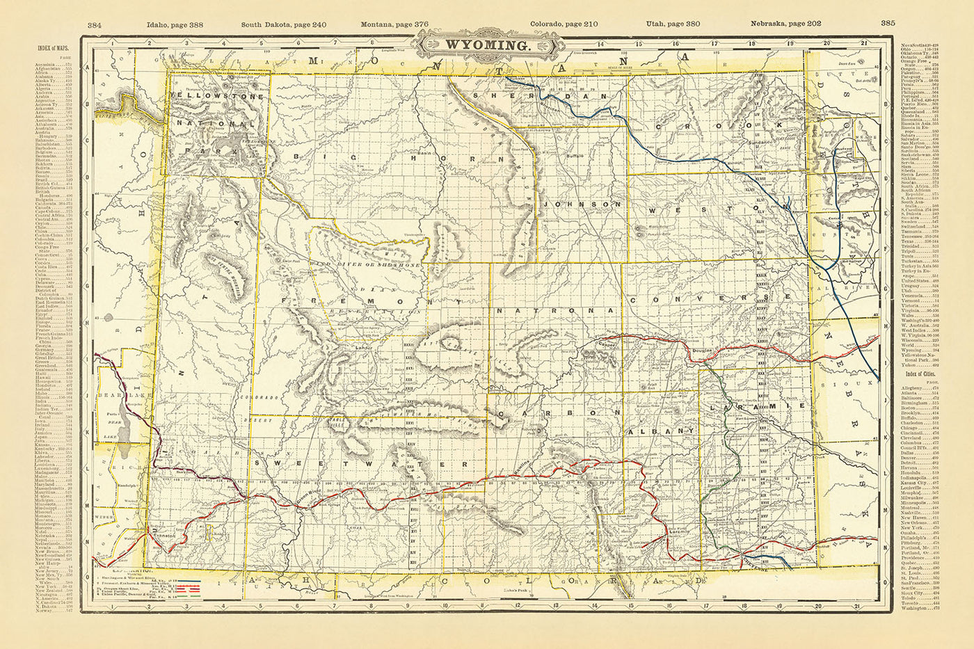 Mapa antiguo de Wyoming por Cram, 1891: Yellowstone, Grand Teton, Wind River Range