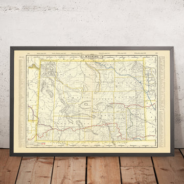 Ancienne carte du Wyoming par Cram, 1891 : Yellowstone, Grand Teton, Wind River Range