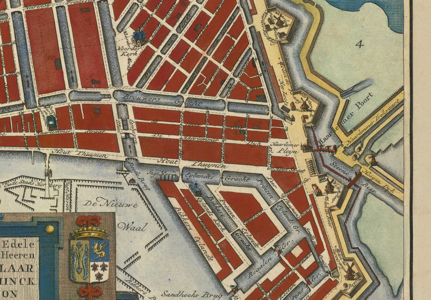 Ancienne carte d'Amsterdam en 1766 par Frederik Willem Greebe - L'Amstel, l'église Oude, Nieuwevaart, le Palais Royal, Lastage
