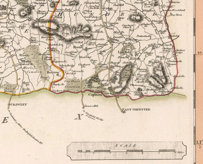 Antiguo mapa de Surrey en 1801 por John Cary - Guildford, Haslemere, Streatham, Reigate, Dorking