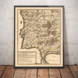 Old Map of Algarve & Gibraltar in 1742 by Nicolas de Fer - Cadiz, Malaga, Sevilla, Marbella, Lisbon, Portugal, Spain