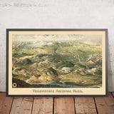 Ancienne carte Birdseye de Yellowstone National Park par Wellge, 1904 : Northern Pacific Park Line, rivières, lacs, Mt Sheridan 