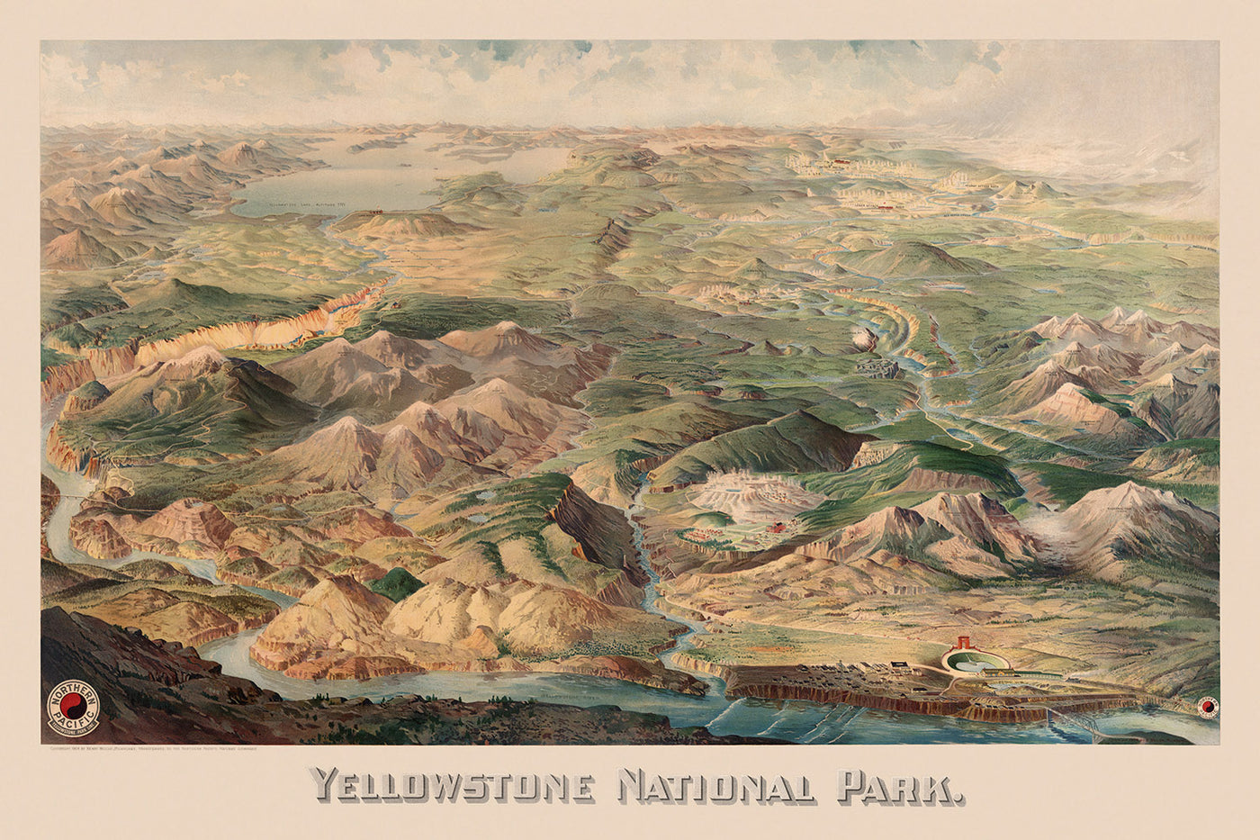 Antiguo mapa pictórico del Parque Nacional de Yellowstone por Wellge, 1904: Línea del Parque Yellowstone del Pacífico Norte, Río Gardiner, Río Yellowstone, Monte Sheridan, Lago Yellowstone
