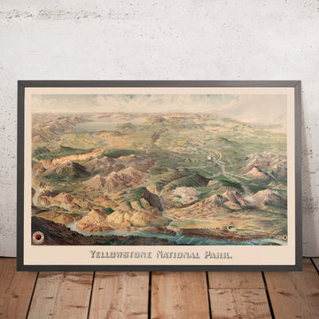 Vecchia mappa Birdseye del Parco Nazionale di Yellowstone di Wellge, 1904: Linea del Parco del Pacifico Settentrionale, Fiumi, Laghi, Mt Sheridan 