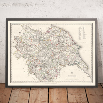 Ancienne carte du Yorkshire par Samuel Lewis, 1844 : Leeds, Sheffield, Bradford, Kingston upon Hull et York 