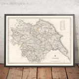 Vecchia mappa dello Yorkshire di Samuel Lewis, 1844: Leeds, Sheffield, Bradford, Kingston upon Hull e York 