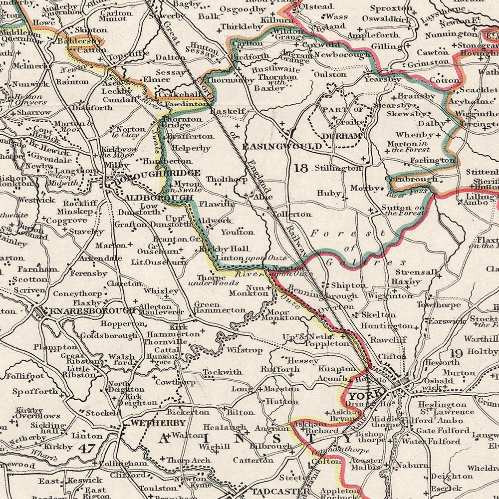Antigua mapa de Yorkshire por Samuel Lewis, 1844: Leeds, Sheffield, Bradford, Kingston upon Hull y York 
