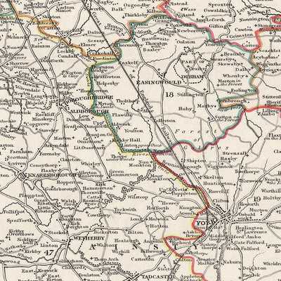 Antigua mapa de Yorkshire por Samuel Lewis, 1844: Leeds, Sheffield, Bradford, Kingston upon Hull y York 